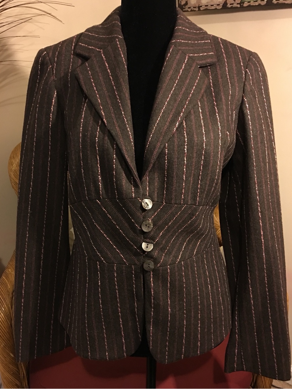 J. Jill Brown Pinstripe Blazer with Pink Metallic Threads